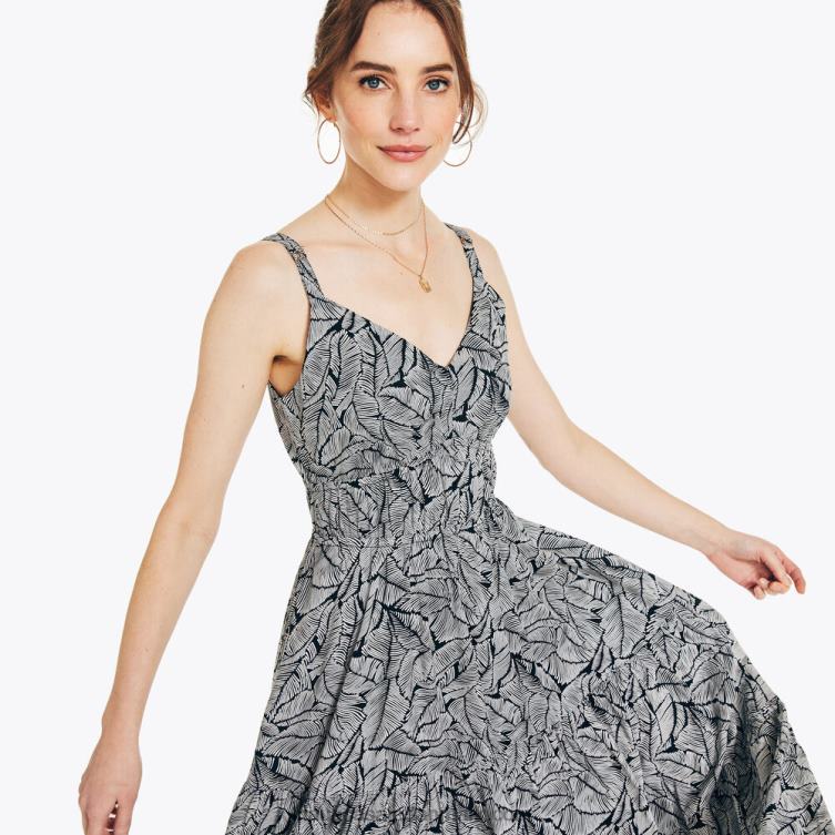 bæredygtigt udformet kjole med cinch-taljeprint ægte sort Nautica PZ4T905 Kvinder