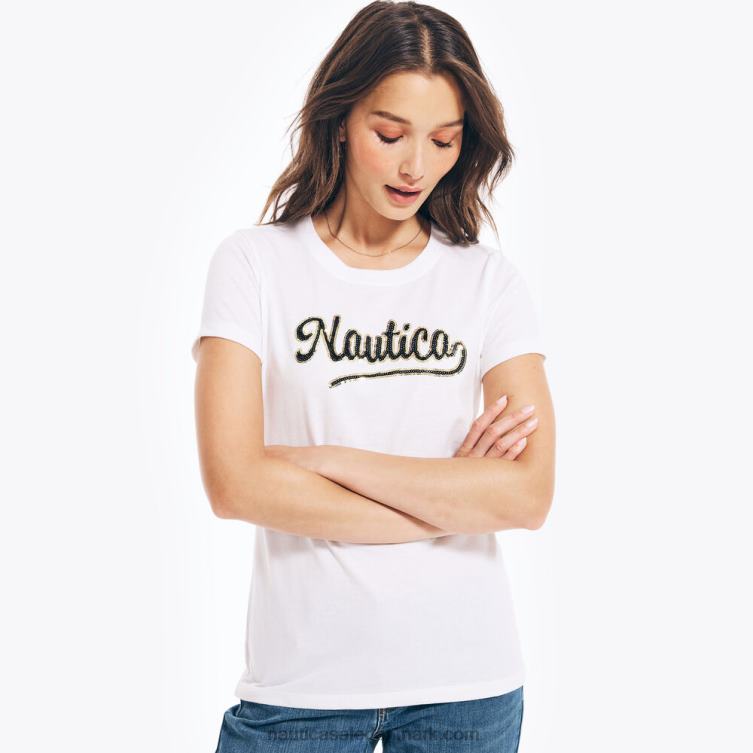 bæredygtigt udformet pailletter logo grafisk t-shirt lyse hvid Nautica PZ4T1038 Kvinder