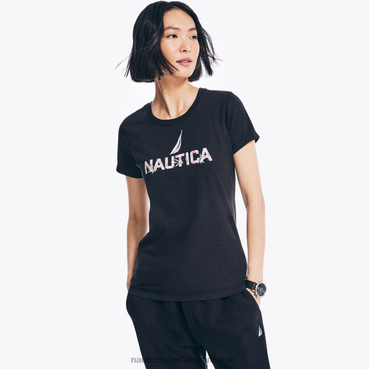 bæredygtigt udformet t-shirt med blomstret folielogo ægte sort Nautica PZ4T837 Kvinder