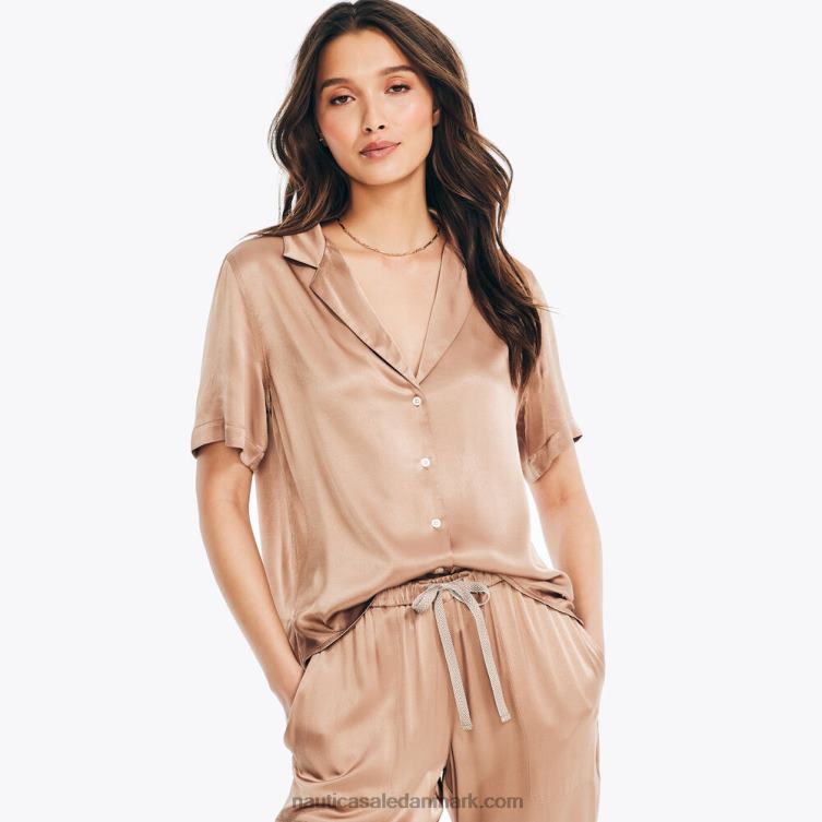 satin kortærmet lejrskjorte chokolade Nautica PZ4T962 Kvinder