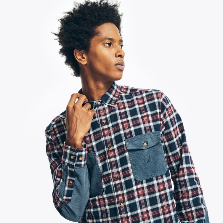 bæredygtigt udformet flannel plaid skjorte flåde Nautica PZ4T328 Mænd