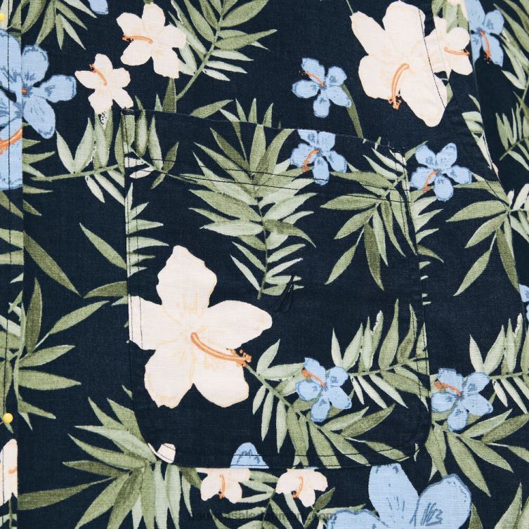 stor og høj, bæredygtigt udformet kortærmet hør-skjorte med blomstertryk flåde Nautica PZ4T371 Mænd