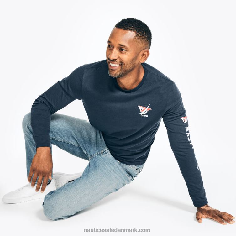 bæredygtigt udformet langærmet grafisk t-shirt stjerneblå lyng Nautica PZ4T230 Mænd
